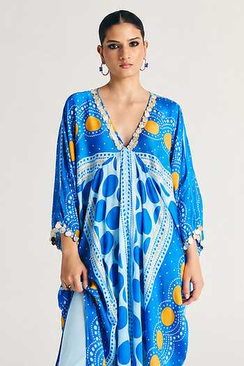 Buy Kamaali Pret Blue Satin V-neck Ward Printed Kaftan And Pant Set Online at Aza Fashions Buy_Kamaali Pret_Blue Satin V-neck Ward Printed Kaftan And Pant Set _Online_at_Aza_Fashions