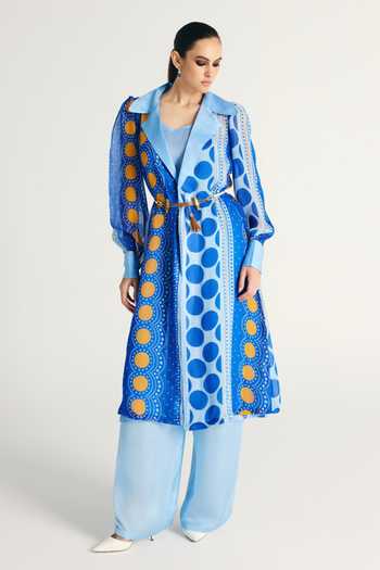 Kamaali Pret Blue Satin Najwa Printed Trench Coat Set Online at Aza Fashions Kamaali Pret_Blue Satin Najwa Printed Trench Coat Set _Online_at_Aza_Fashions
