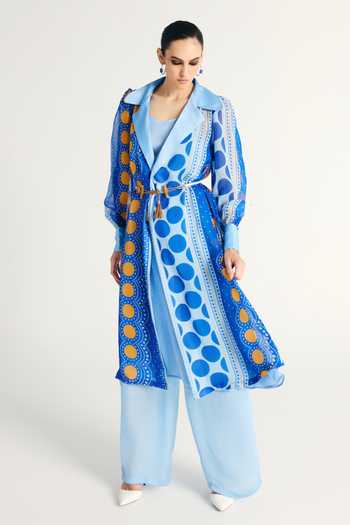 Buy Kamaali Pret Blue Satin Najwa Printed Trench Coat Set Online at Aza Fashions Buy_Kamaali Pret_Blue Satin Najwa Printed Trench Coat Set _Online_at_Aza_Fashions