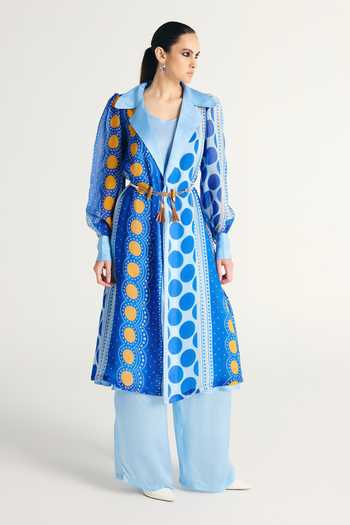 Shop Kamaali Pret Blue Satin Najwa Printed Trench Coat Set Online at Aza Fashions Shop_Kamaali Pret_Blue Satin Najwa Printed Trench Coat Set _Online_at_Aza_Fashions