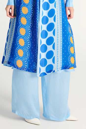 Kamaali Pret Blue Satin Najwa Printed Trench Coat Set at Aza Fashions Kamaali Pret_Blue Satin Najwa Printed Trench Coat Set _at_Aza_Fashions