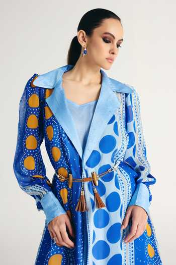 Buy Kamaali Pret Blue Satin Najwa Printed Trench Coat Set Buy_Kamaali Pret_Blue Satin Najwa Printed Trench Coat Set
