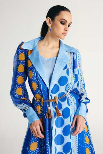 Kamaali Pret Blue Satin Shawl Neck Hala Trench Coat With Belt Online at Aza Fashions Kamaali Pret_Blue Satin Shawl Neck Hala Trench Coat With Belt _Online_at_Aza_Fashions