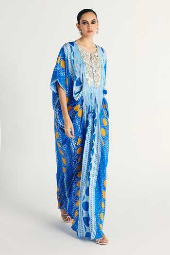 Kamaali Pret_Blue Satin V-neck Kiva Printed Kaftan _Online_at_Aza_Fashions