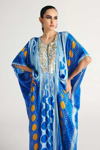 Buy_Kamaali Pret_Blue Satin V-neck Kiva Printed Kaftan _Online_at_Aza_Fashions