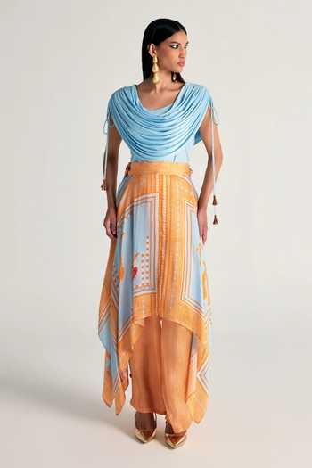 Kamaali Pret Blue Satin Cowl Neck Maysa Draped Top And Skirt Set Online at Aza Fashions Kamaali Pret_Blue Satin Cowl Neck Maysa Draped Top And Skirt Set _Online_at_Aza_Fashions