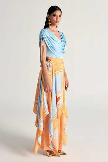 Buy Kamaali Pret Blue Satin Cowl Neck Maysa Draped Top And Skirt Set Online at Aza Fashions Buy_Kamaali Pret_Blue Satin Cowl Neck Maysa Draped Top And Skirt Set _Online_at_Aza_Fashions