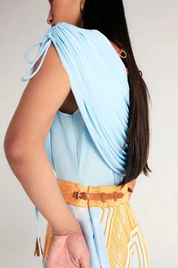 Shop Kamaali Pret Blue Satin Cowl Neck Maysa Draped Top And Skirt Set Online at Aza Fashions Shop_Kamaali Pret_Blue Satin Cowl Neck Maysa Draped Top And Skirt Set _Online_at_Aza_Fashions