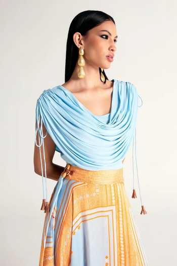Buy Kamaali Pret Blue Satin Cowl Neck Maysa Draped Top And Skirt Set Buy_Kamaali Pret_Blue Satin Cowl Neck Maysa Draped Top And Skirt Set