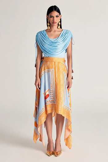 Kamaali Pret Zani Draped Top & Printed Skirt Set 