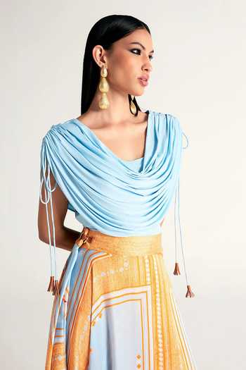 Kamaali Pret_Blue Satin Cowl Neck Zani Draped Top And Printed Skirt Set _Online_at_Aza_Fashions