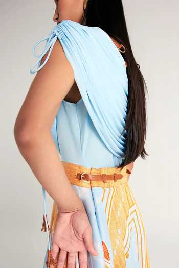 Buy_Kamaali Pret_Blue Satin Cowl Neck Zani Draped Top And Printed Skirt Set _Online_at_Aza_Fashions