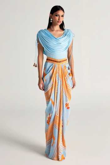 Kamaali Pret_Sky Blue Satin Cowl Neck Mahra Draped Top And Skirt Set _Online_at_Aza_Fashions