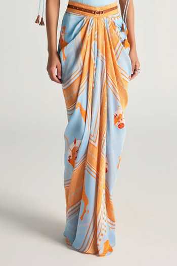 Buy_Kamaali Pret_Sky Blue Satin Cowl Neck Mahra Draped Top And Skirt Set _Online_at_Aza_Fashions