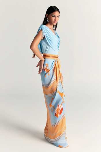 Shop_Kamaali Pret_Sky Blue Satin Cowl Neck Mahra Draped Top And Skirt Set _Online_at_Aza_Fashions