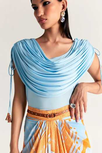 Kamaali Pret_Sky Blue Satin Cowl Neck Mahra Draped Top And Skirt Set _at_Aza_Fashions