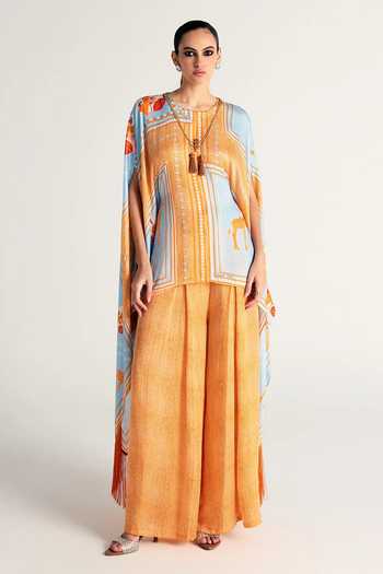 Kamaali Pret_Blue Satin Round Neck Sahra Printed Top And Pant Co-ord Set _Online_at_Aza_Fashions