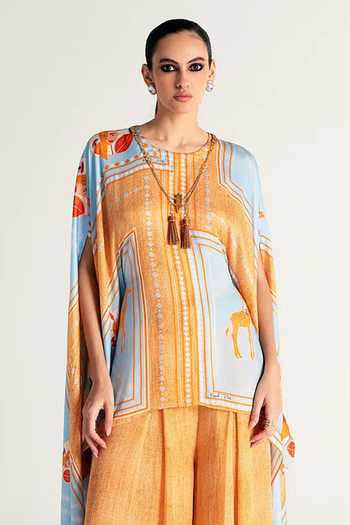 Buy_Kamaali Pret_Blue Satin Round Neck Sahra Printed Top And Pant Co-ord Set _Online_at_Aza_Fashions