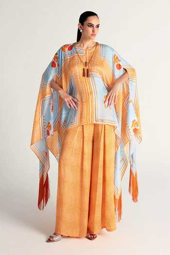 Shop_Kamaali Pret_Blue Satin Round Neck Sahra Printed Top And Pant Co-ord Set _Online_at_Aza_Fashions