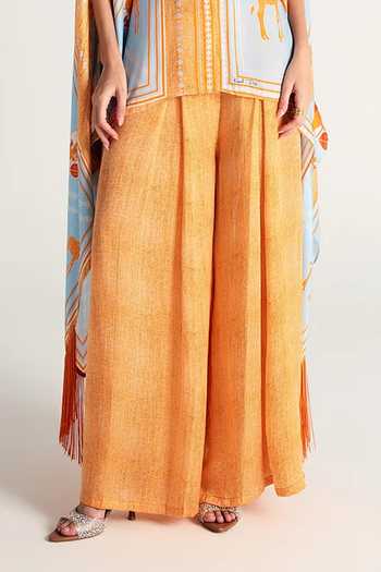 Kamaali Pret_Blue Satin Round Neck Sahra Printed Top And Pant Co-ord Set _at_Aza_Fashions