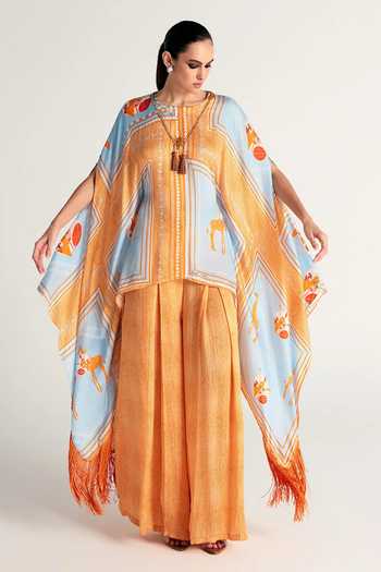 Buy_Kamaali Pret_Blue Satin Round Neck Sahra Printed Top And Pant Co-ord Set 