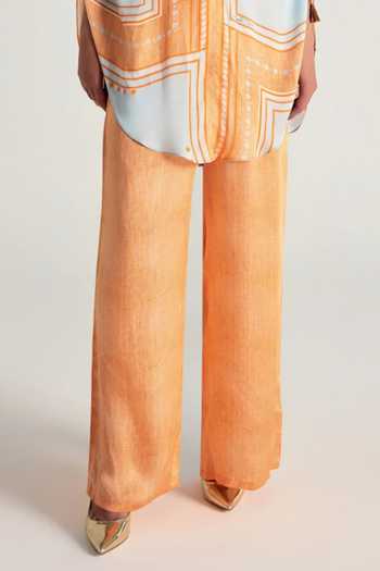 Kamaali Pret_Blue Satin Split V-neck, Yes Maya Printed Tunic And Pant Set _Online_at_Aza_Fashions