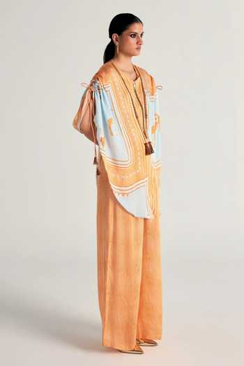 Buy_Kamaali Pret_Blue Satin Split V-neck, Yes Maya Printed Tunic And Pant Set _Online_at_Aza_Fashions