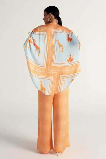 Shop_Kamaali Pret_Blue Satin Split V-neck, Yes Maya Printed Tunic And Pant Set _Online_at_Aza_Fashions