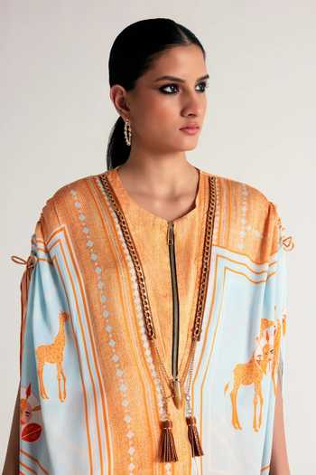 Kamaali Pret_Blue Satin Split V-neck, Yes Maya Printed Tunic And Pant Set _at_Aza_Fashions