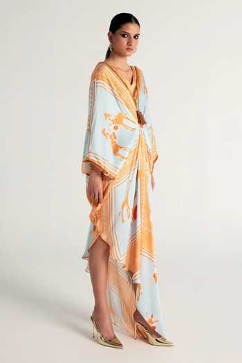 Kamaali Pret_Blue Satin V-neck Kenza Printed Kaftan _Online_at_Aza_Fashions