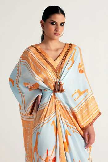 Buy_Kamaali Pret_Blue Satin V-neck Kenza Printed Kaftan _Online_at_Aza_Fashions