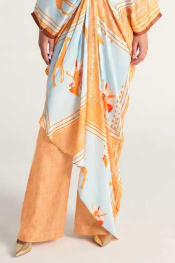 Kamaali Pret Blue Satin V-neck Raneem Printed Kaftan And Pant Set Online at Aza Fashions Kamaali Pret_Blue Satin V-neck Raneem Printed Kaftan And Pant Set _Online_at_Aza_Fashions