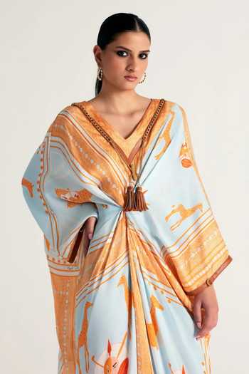 Buy Kamaali Pret Blue Satin V-neck Raneem Printed Kaftan And Pant Set Online at Aza Fashions Buy_Kamaali Pret_Blue Satin V-neck Raneem Printed Kaftan And Pant Set _Online_at_Aza_Fashions