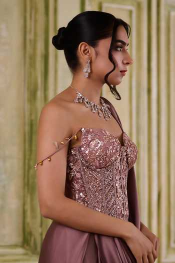 Muditaa By Urmila Rose Gold Net Sequins, Tassels Prema Embroidered Corset And Pre-draped Saree Set Online at Aza Fashions Muditaa By Urmila_Rose Gold Net Sequins, Tassels Prema Embroidered Corset And Pre-draped Saree Set _Online_at_Aza_Fashions