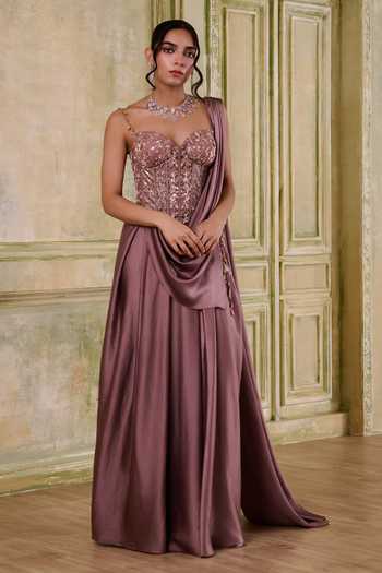 Buy Muditaa By Urmila Rose Gold Net Sequins, Tassels Prema Embroidered Corset And Pre-draped Saree Set Online at Aza Fashions Buy_Muditaa By Urmila_Rose Gold Net Sequins, Tassels Prema Embroidered Corset And Pre-draped Saree Set _Online_at_Aza_Fashions