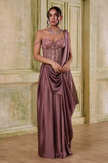 Shop Muditaa By Urmila Rose Gold Net Sequins, Tassels Prema Embroidered Corset And Pre-draped Saree Set Online at Aza Fashions Shop_Muditaa By Urmila_Rose Gold Net Sequins, Tassels Prema Embroidered Corset And Pre-draped Saree Set _Online_at_Aza_Fashions