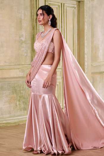 Buy_Muditaa By Urmila_Pink Net Sweetheart Neck Pratyusa Draped Lehenga Saree With Embroidered Blouse _Online_at_Aza_Fashions