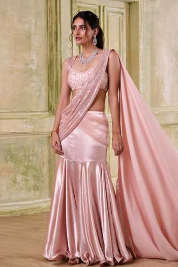 Shop_Muditaa By Urmila_Pink Net Sweetheart Neck Pratyusa Draped Lehenga Saree With Embroidered Blouse _Online_at_Aza_Fashions