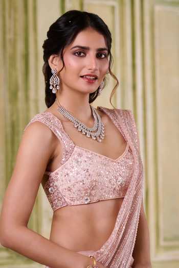Muditaa By Urmila_Pink Net Sweetheart Neck Pratyusa Draped Lehenga Saree With Embroidered Blouse _at_Aza_Fashions
