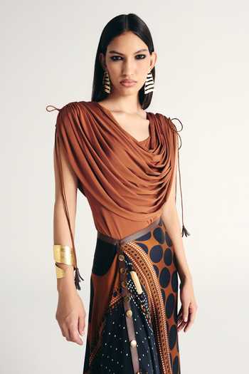 Buy_Kamaali Pret_Brown Satin Cowl Neck Rihla Draped Top And Skirt Set 