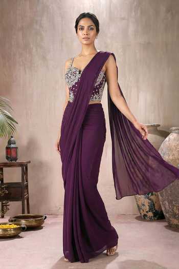 Shop_Maisolos_Wine Net, Georgette Embroidery Sweetheart Neck Pre-draped Saree With Corset _Online_at_Aza_Fashions