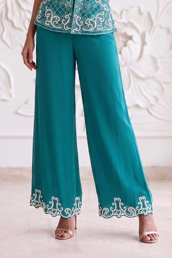Buy_Maisolos_Blue Georgette Embroidery Round Neck Jacket And Palazzo Set 