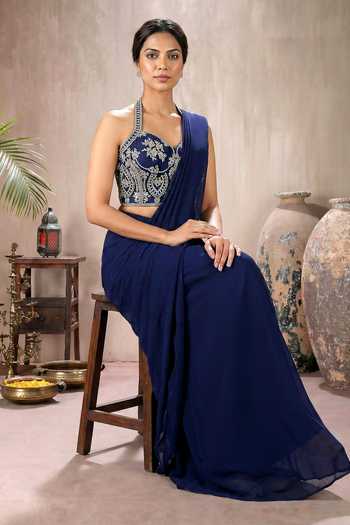 Maisolos_Blue Silk, Georgette Embroidery Sweetheart Neck Corset With Pre-draped Saree _at_Aza_Fashions