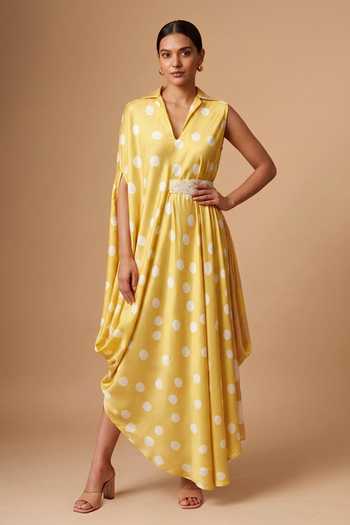 Vedika M Polka Dot Satin Dress & Belt Set