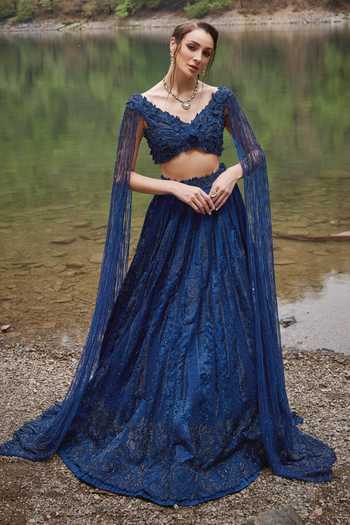 Varun Chakkilam Midnight Blue Petal Bloom Lehenga Set 