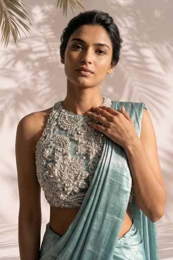 Aneesh Agarwaal_Green Georgette, Velvet, Net Verena Pre-draped Saree With Embroidered Blouse _Online_at_Aza_Fashions