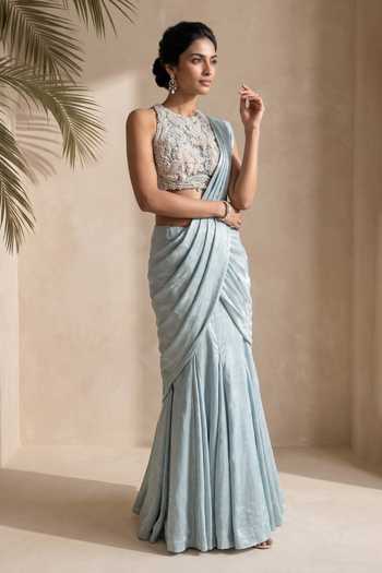 Buy_Aneesh Agarwaal_Green Georgette, Velvet, Net Verena Pre-draped Saree With Embroidered Blouse _Online_at_Aza_Fashions