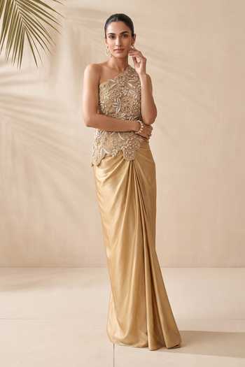Aneesh Agarwaal Gold Silk Organza, Satin One Shoulder Xanthe Embroidered Top And Draped Skirt Set Online at Aza Fashions Aneesh Agarwaal_Gold Silk Organza, Satin One Shoulder Xanthe Embroidered Top And Draped Skirt Set _Online_at_Aza_Fashions