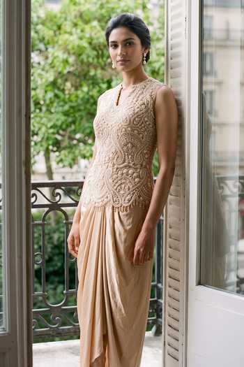 Aneesh Agarwaal Gold Net, Silk Satin Split V-neck Elara Hand Embroidered Top Draped Skirt Set Online at Aza Fashions Aneesh Agarwaal_Gold Net, Silk Satin Split V-neck Elara Hand Embroidered Top Draped Skirt Set _Online_at_Aza_Fashions