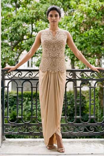 Buy Aneesh Agarwaal Gold Net, Silk Satin Split V-neck Elara Hand Embroidered Top Draped Skirt Set Online at Aza Fashions Buy_Aneesh Agarwaal_Gold Net, Silk Satin Split V-neck Elara Hand Embroidered Top Draped Skirt Set _Online_at_Aza_Fashions